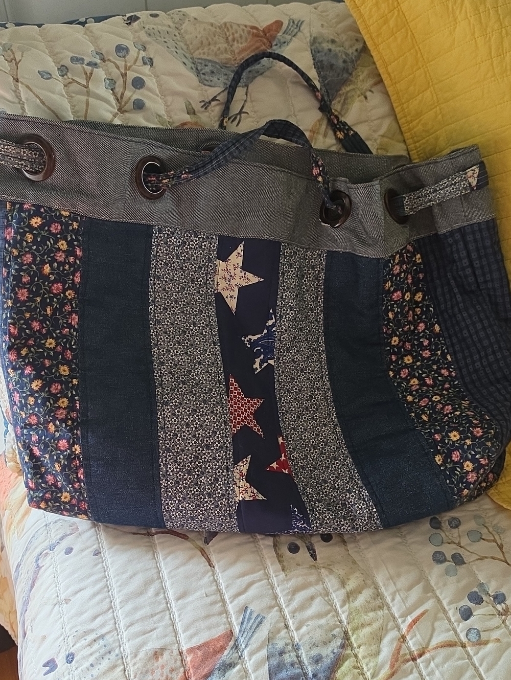 Patchwork Floral & Star Tote Bag in Blue